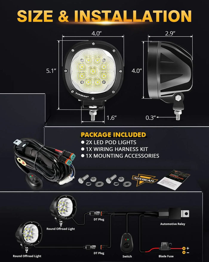 P4 Series | 4 Inch 90W 9000LM Round LED Driving Lights Flood White Pod Lights