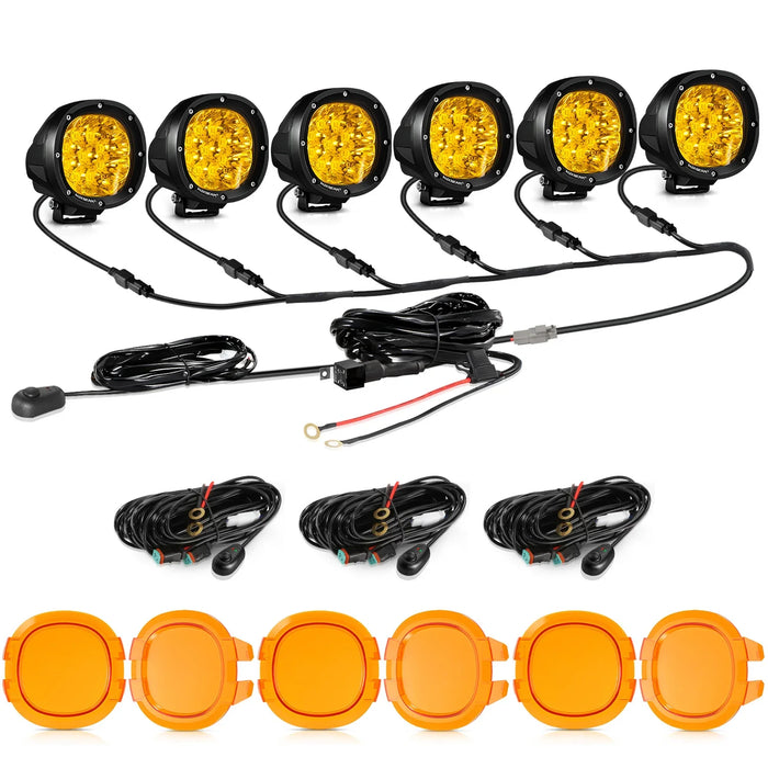6Pcs Pod Lights+Additional 6-Pod Power Harness / Dark Amber Covers