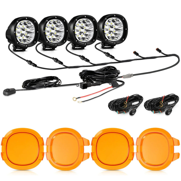 4Pcs Pod Lights+Additional 6-Pod Power Harness / Dark Amber Covers