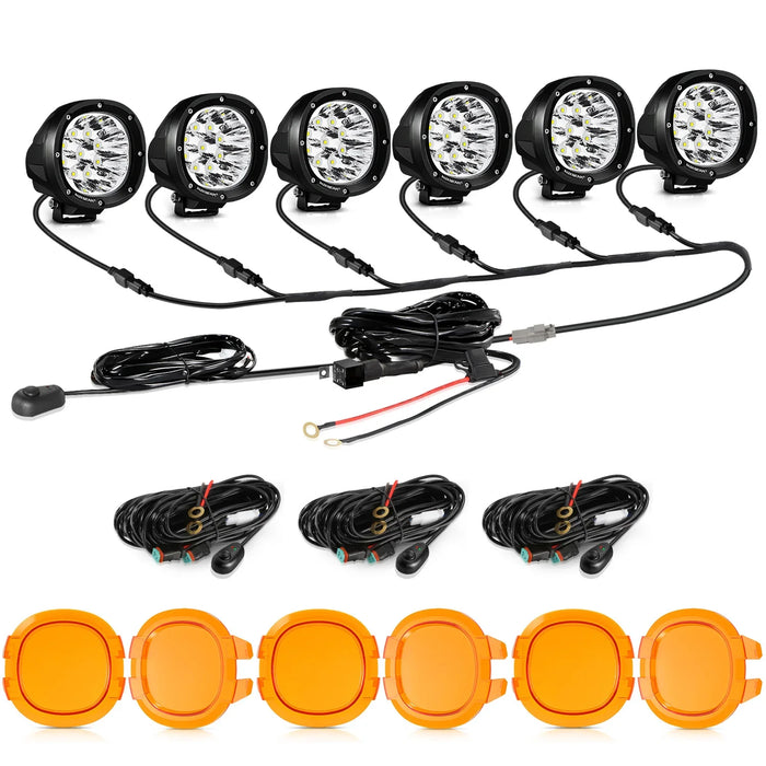 6Pcs Pod Lights+Additional 6-Pod Power Harness / Dark Amber Covers