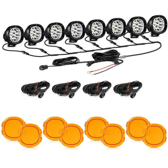 8Pcs Pod Lights+Additional 8-Pod Power Harness / Dark Amber Covers