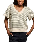 perfectwhitetee short sleeve top - briggs - french terry stripe v- neck short sleeve sweatshirt - natural/charcoal