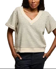 perfectwhitetee short sleeve top - briggs - french terry stripe v- neck short sleeve sweatshirt - natural/charcoal