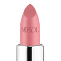 The Pretty Smart Shiny Velvet Cream Lipstick #337 by Nikol Beauty features a pink shade with a smooth curved tip, housed in a sleek silver tube. Its ultra-creamy, vegan-friendly formula keeps lips hydrated all day and is perfect for conscientious beauty lovers. The brands name is embossed on the lipstick.