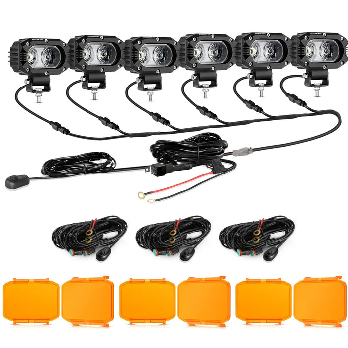 6Pcs Pod Lights+Additional 6-Pod Power Harness / Dark Amber Covers
