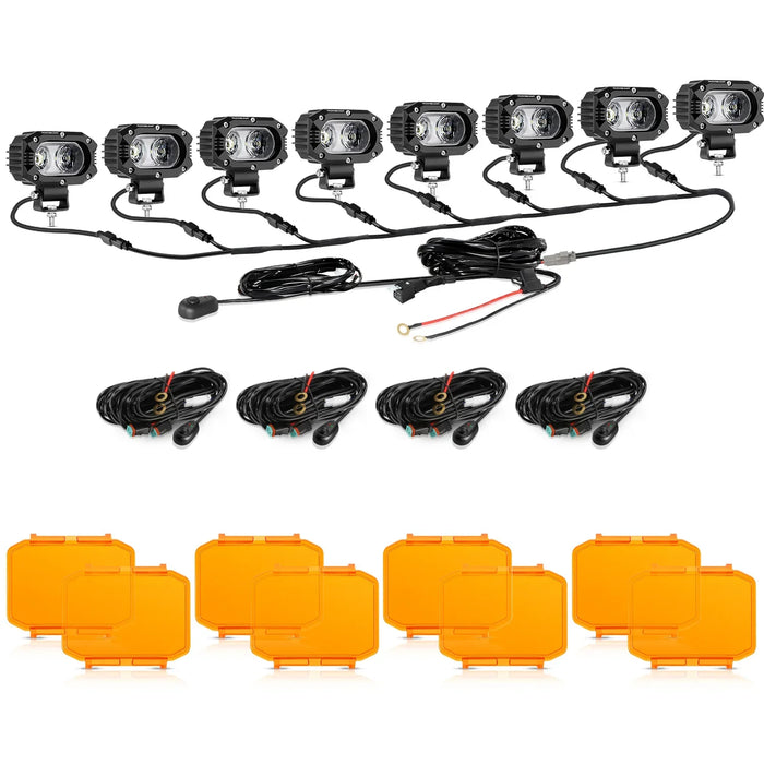 8Pcs Pod Lights+Additional 8-Pod Power Harness / Dark Amber Covers
