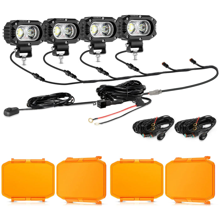 4Pcs Pod Lights+Additional 6-Pod Power Harness / Dark Amber Covers
