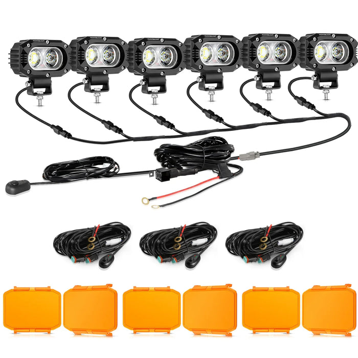 6Pcs Pod Lights+Additional 6-Pod Power Harness / Dark Amber Covers