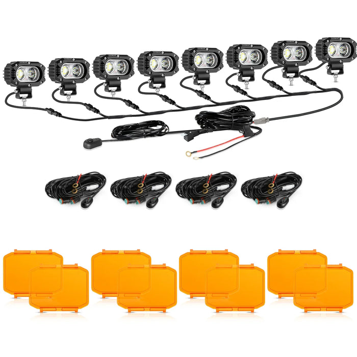 8Pcs Pod Lights+Additional 8-Pod Power Harness / Dark Amber Covers