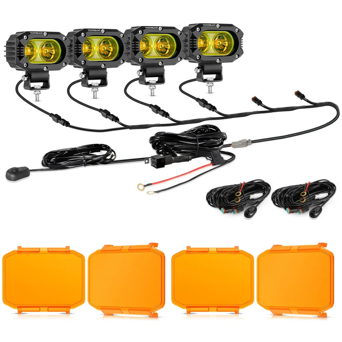 4Pcs Pod Lights+Additional 6-Pod Power Harness / Dark Amber Covers