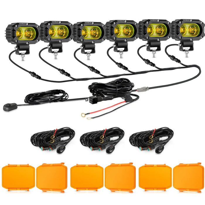 6Pcs Pod Lights+Additional 6-Pod Power Harness / Dark Amber Covers