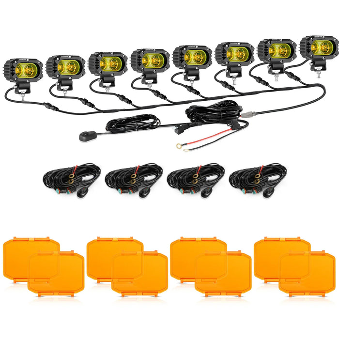 8Pcs Pod Lights+Additional 8-Pod Power Harness / Dark Amber Covers