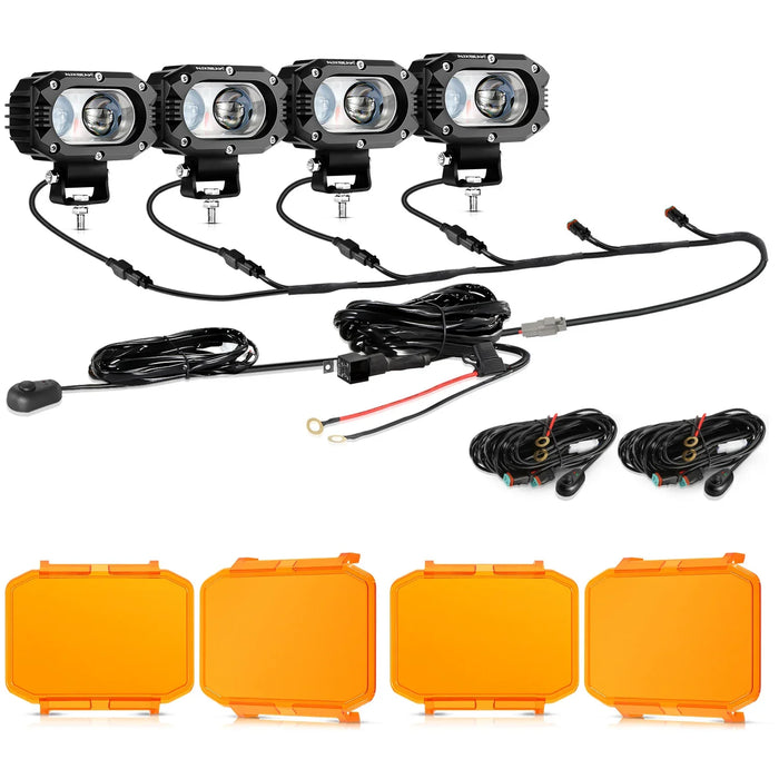 4Pcs Pod Lights+Additional 6-Pod Power Harness / Dark Amber Covers