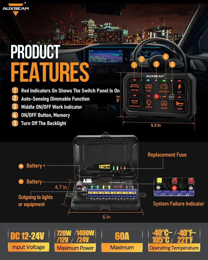 RGB Series 8 Gang (RA80 XL) Switch Panel, Larger Size, Toggle/ Momentary/ Pulsed Mode Supported