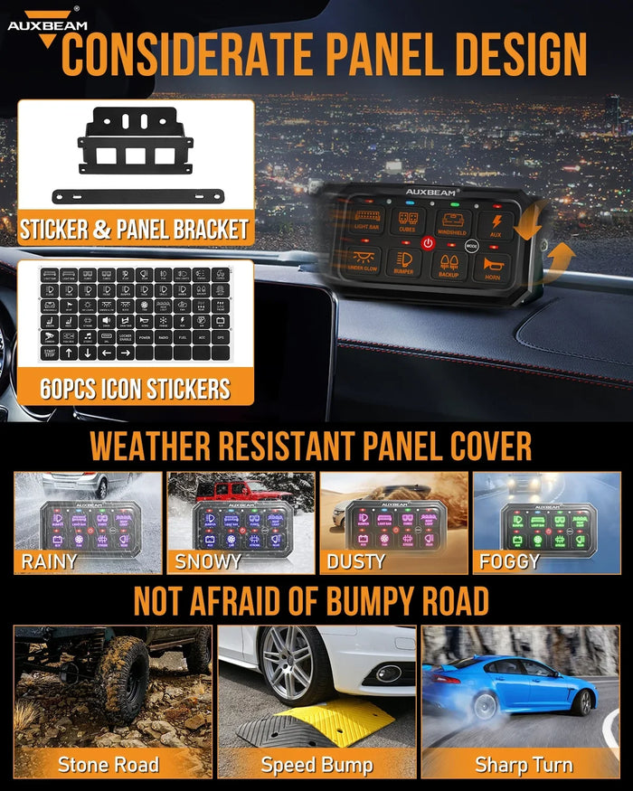 RGB Series 8 Gang (RA80 XL) Switch Panel, Larger Size, Toggle/ Momentary/ Pulsed Mode Supported