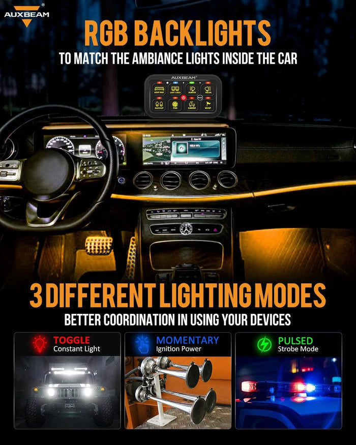 RGB Series 8 Gang (RB80) Switch Panel, Toggle/ Momentary/ Pulsed Mode Supported (Two-Sided Outlet)