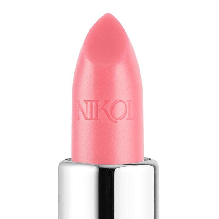 A close-up of the Rose Lip Balm #100, featuring a smooth, rounded tip in pink. The vegan and cruelty-free brand name Nikol Beauty is embossed on its side. It has a reflective metallic casing that gives it a sleek, modern look.