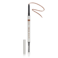 The Skinny Brow Pencil by Nikol Beauty features an ultra-smooth formulation tip exposed once the cap is removed. Below, a spoolie brush enhances brow definition. The brand name is prominently displayed alongside a wavy line indicating its brown color.