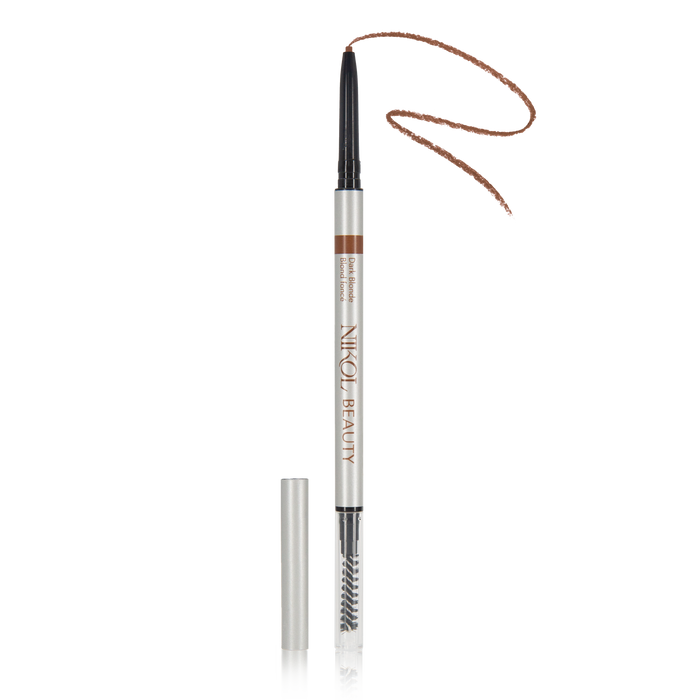 The Skinny Brow Pencil by Nikol Beauty features an ultra-smooth formulation tip exposed once the cap is removed. Below, a spoolie brush enhances brow definition. The brand name is prominently displayed alongside a wavy line indicating its brown color.