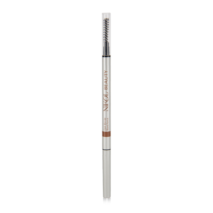 Nikol Beautys Skinny Brow Pencil offers ultra-smooth, flawless brow definition with a retractable precision tip and spoolie brush, encased in sleek silver with the brand name.