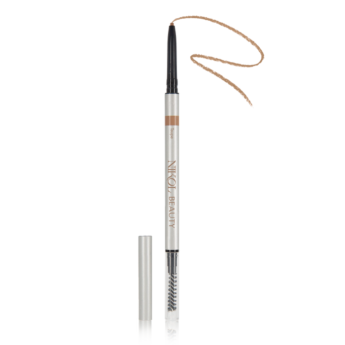 A white Skinny Brow Pencil by Nikol Beauty features a dark brown tip and matching streak. The cap is off, revealing an ultra-smooth formula and a spoolie brush at the other end.