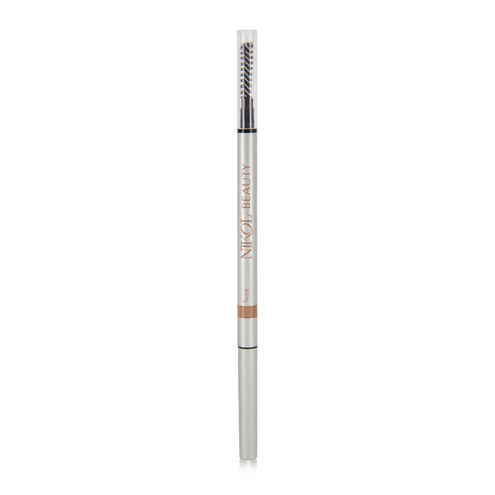 The Skinny Brow Pencil by Nikol Beauty is a sleek, silver precision brow tool with an ultra-smooth formula. It features a retractable tip and brow brush for definition, offering a beige color swatch called Taupe.