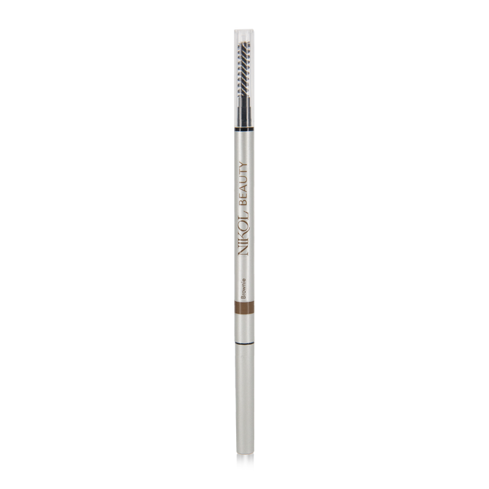Introducing the Skinny Brow Pencil by Nikol Beauty, a precision brow tool with an ultra-smooth formula featuring a dual-ended design. One end has a spoolie brush and the other a brown pencil for perfect eyebrow definition, all in sleek silver packaging with the brand name elegantly printed in black.