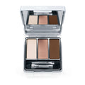 The Nikol Beauty Strong Brew 3-Well Eyeshadow Palette features an open silver case with a mirror, three matte shades (light beige, medium peach, dark brown), and a dual-ended applicator brush. The silky texture of the eyeshadows is infused with shea butter.