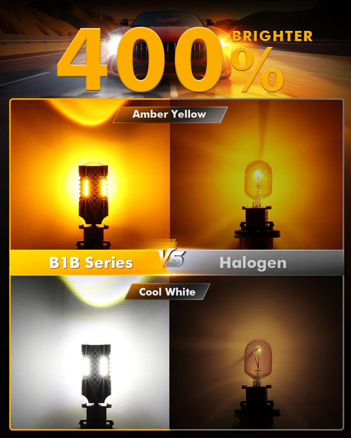 T20 7443 7440 LED Front Turn Signal & DRL Light Bulbs 400% High Brightness Dual Color Switchback White & Amber B1B Series | 2 Bulbs