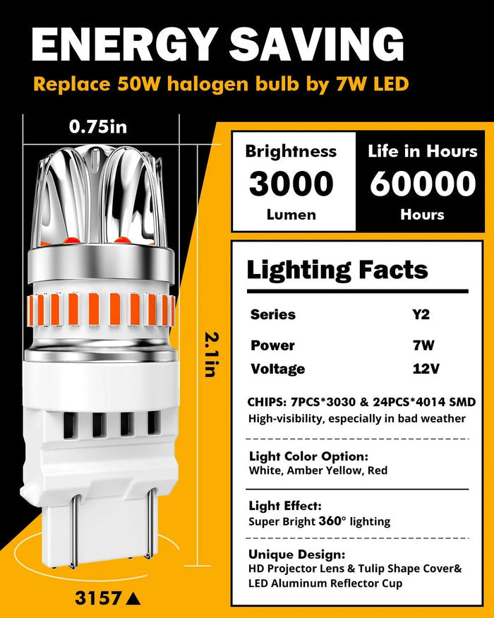 T25 3157 3156 LED Brake/Tail Light Bulbs 14W 6000LM CAN-Bus Error Free Red Y2 Series | 2 Bulbs
