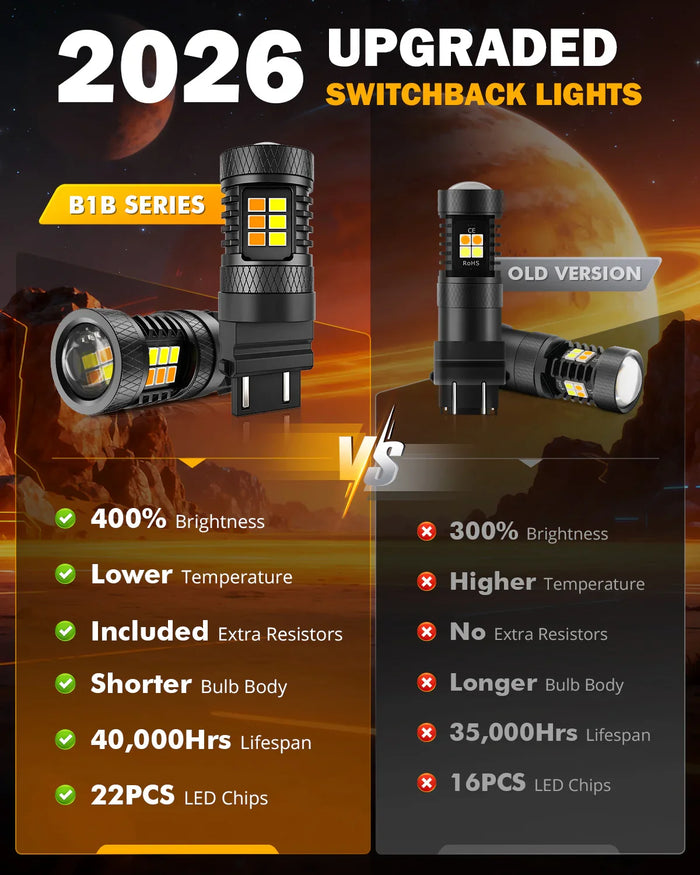 T25 3157 3156 LED Front Turn Signal & DRL Light Bulbs 400% High Brightness Dual Color Switchback White & Amber B1B Series| 2 Bulbs