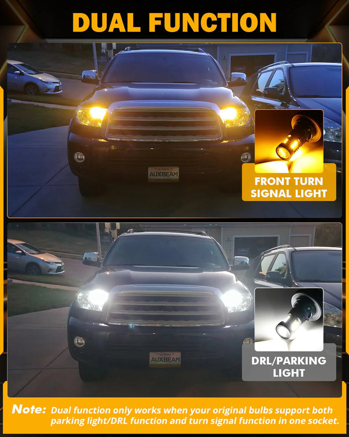 T25 3157 3156 LED Front Turn Signal & DRL Light Bulbs 400% High Brightness Dual Color Switchback White & Amber B1B Series| 2 Bulbs