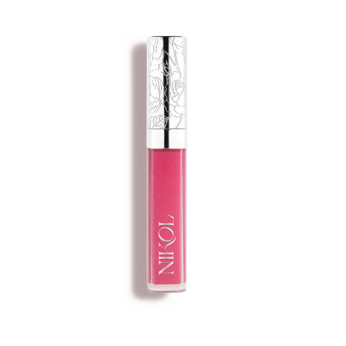 Upgrade Lip Gloss #94 by Nikol Beauty is a pink gloss for mature women, offering high-impact shine. It features a silver floral-patterned cap and the Nikol Beauty name printed vertically in white on the clear tube.