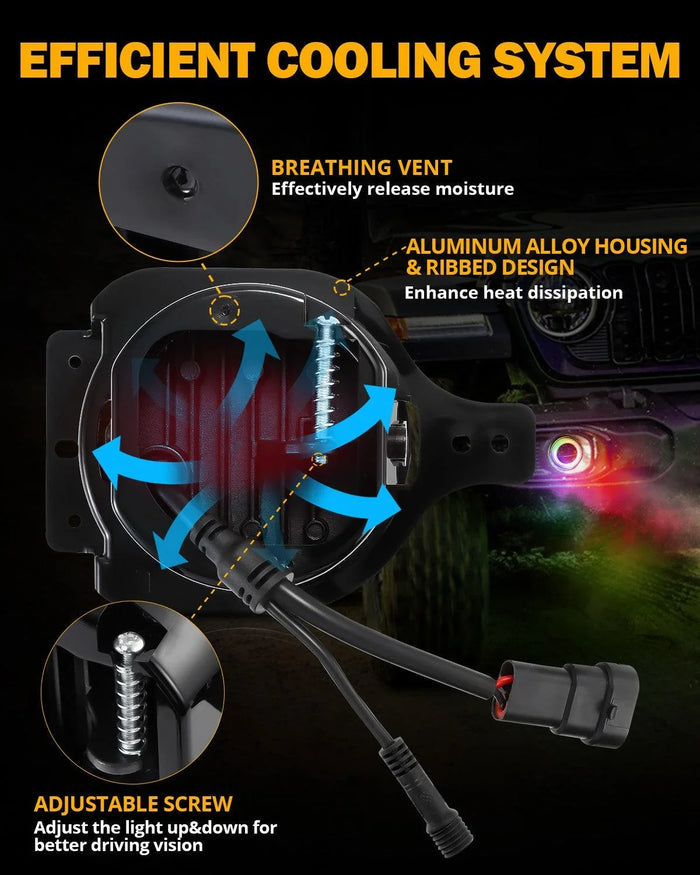 Upgraded 4 Inch LED Fog Lights with RGB Halo Ring & Turn Signal Light, Bluetooth Control for Jeep Wrangler JK/JL 2018-2024