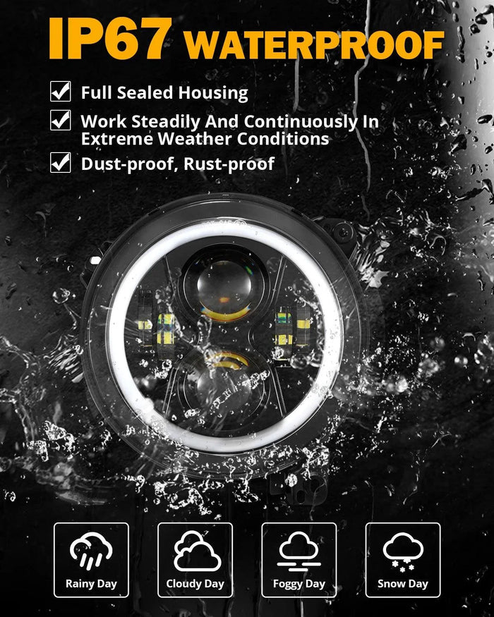 Upgraded 9 Inch Round LED Headlight with RGB Halo Ring for Jeep Wrangler JL