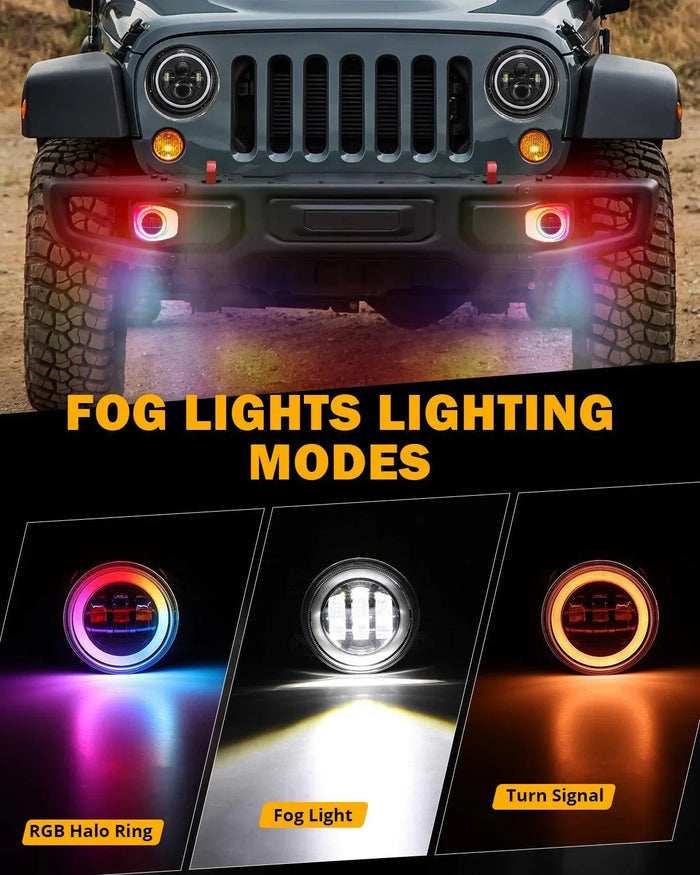 Upgraded RGB 7 Inch Headlights + 4 Inch Fog Lights Combo for Jeep Wrangler JK with APP Control