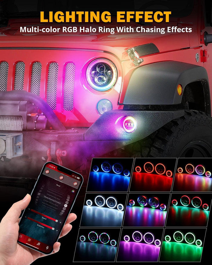 Upgraded RGB 7 Inch Headlights + 4 Inch Fog Lights Combo for Jeep Wrangler JK with APP Control
