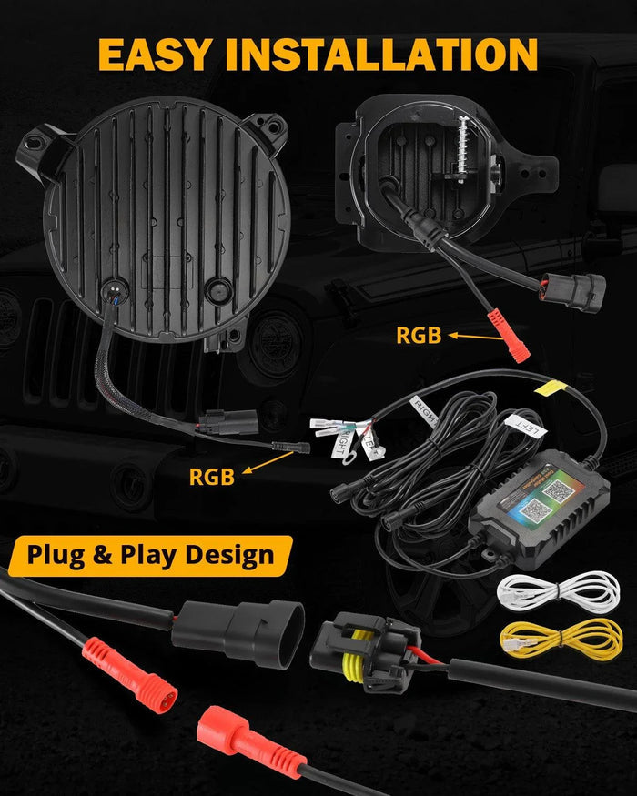 Upgraded RGB 9 Inch Headlights + 4 Inch Fog Lights Combo for Jeep Wrangler JL with APP Control