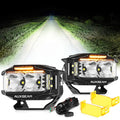 LED off-road driving lights with wiring harness, yellow lens covers, and night road illumination