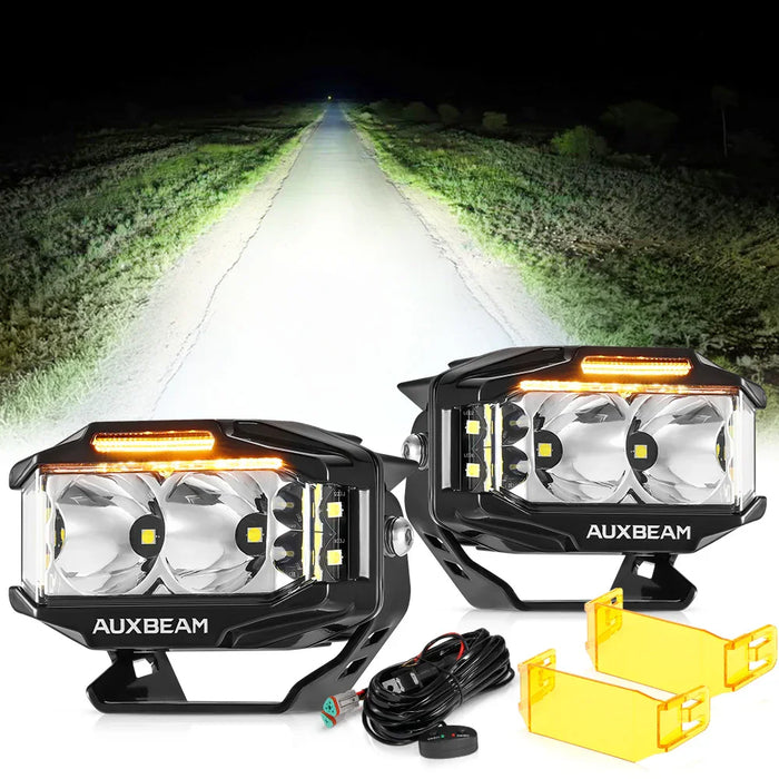 LED off-road driving lights with wiring harness, yellow lens covers, and night road illumination