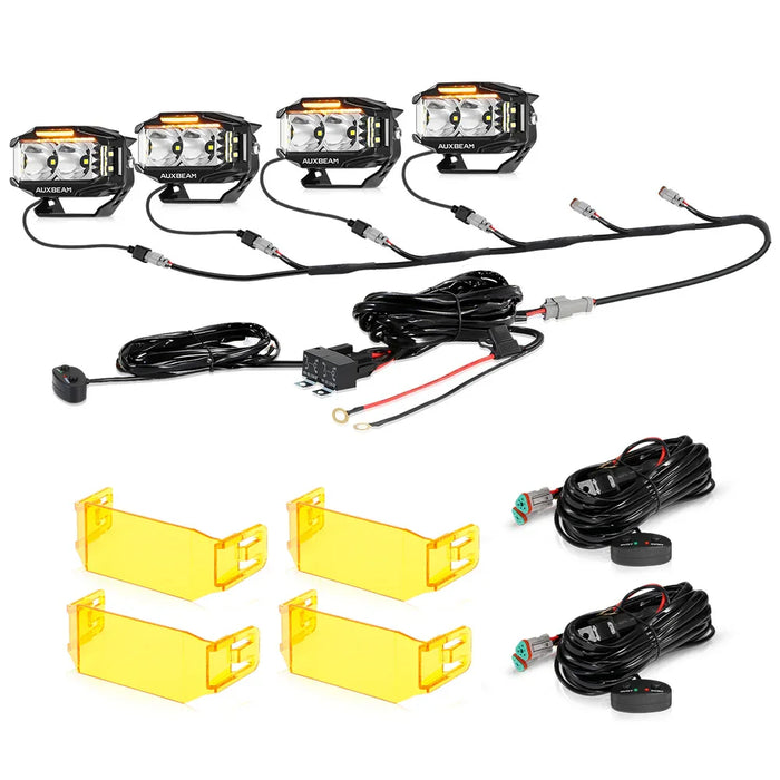 4Pcs Pod Lights+Additional 6-Pod Power Harness / With Amber Covers