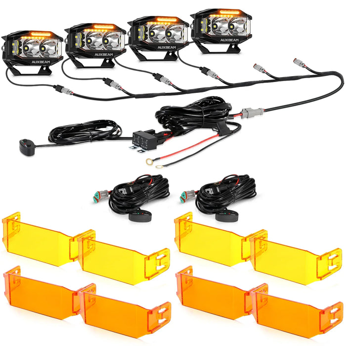 4Pcs Pod Lights+Additional 6-Pod Power Harness / With Dark Amber Covers + Amber Covers