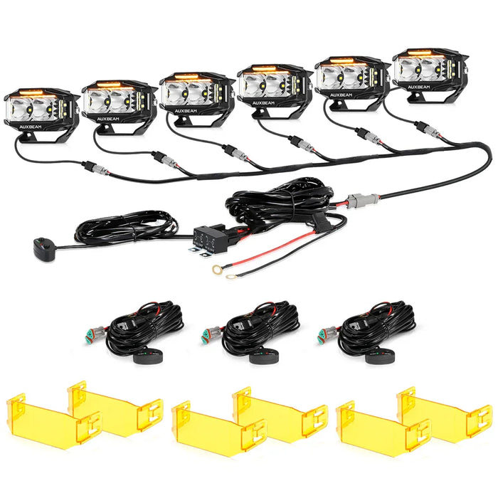 6Pcs Pod Lights+Additional 6-Pod Power Harness / With Amber Covers