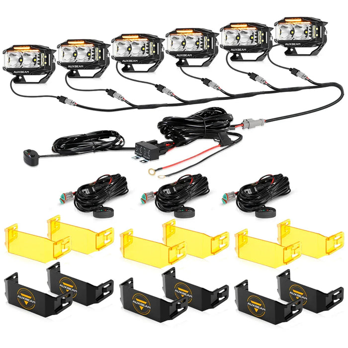 6Pcs Pod Lights+Additional 6-Pod Power Harness / With Black Covers + Amber Covers