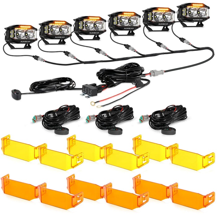 6Pcs Pod Lights+Additional 6-Pod Power Harness / With Dark Amber Covers + Amber Covers