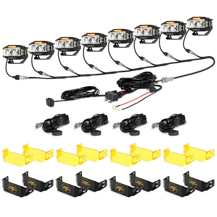 8Pcs Pod Lights+Additional 8-Pod Power Harness / With Black Covers + Amber Covers