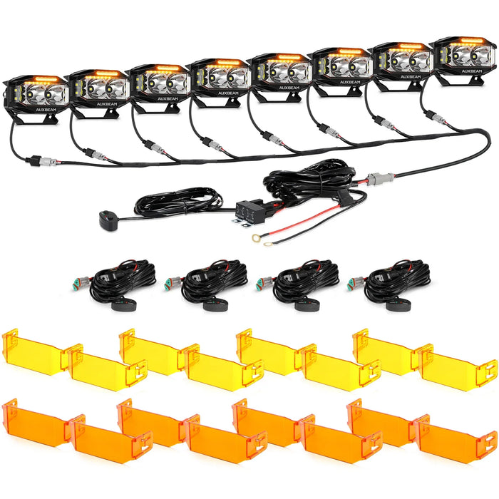 8Pcs Pod Lights+Additional 8-Pod Power Harness / With Dark Amber Covers + Amber Covers
