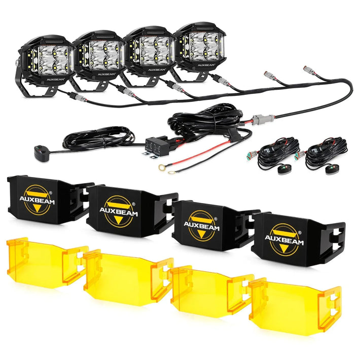 4Pcs Pod Lights+Additional 6-Pod Power Harness / With Black Covers+Amber Covers