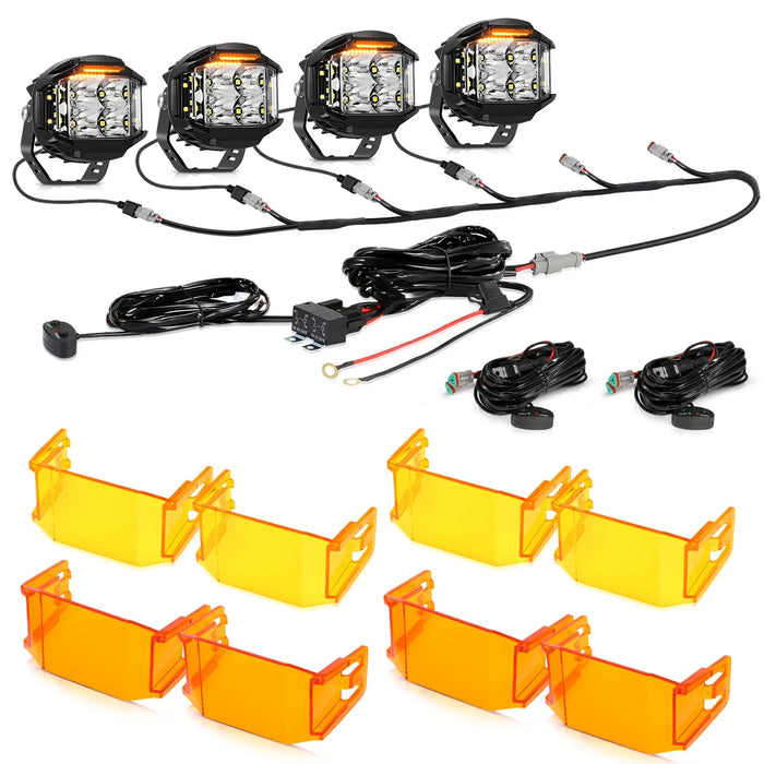 4Pcs Pod Lights+Additional 6-Pod Power Harness / With Dark Amber Covers + Amber Covers