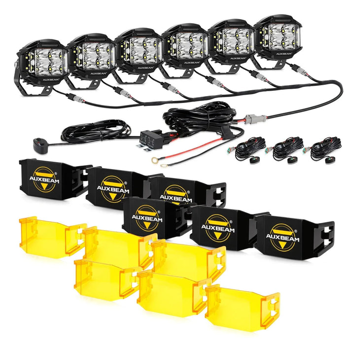 6Pcs Pod Lights+Additional 6-Pod Power Harness / With Black Covers+Amber Covers